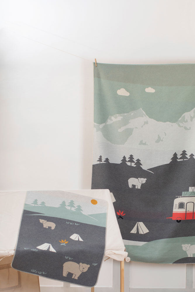JUWEL baby blanket "camping bears" in . Blanket made by David Fussenegger , a family-run mill in Austria.