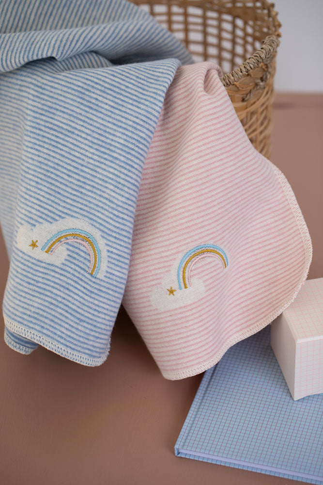 JUWEL baby blanket "stripes/rainbow" with embroidery in . Blanket made by David Fussenegger , a family-run mill in Austria.