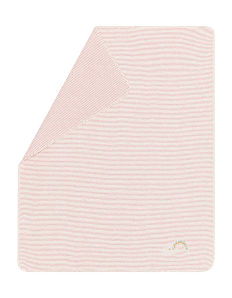 JUWEL baby blanket "stripes/rainbow" with embroidery in rosé . Blanket made by David Fussenegger , a family-run mill in Austria.