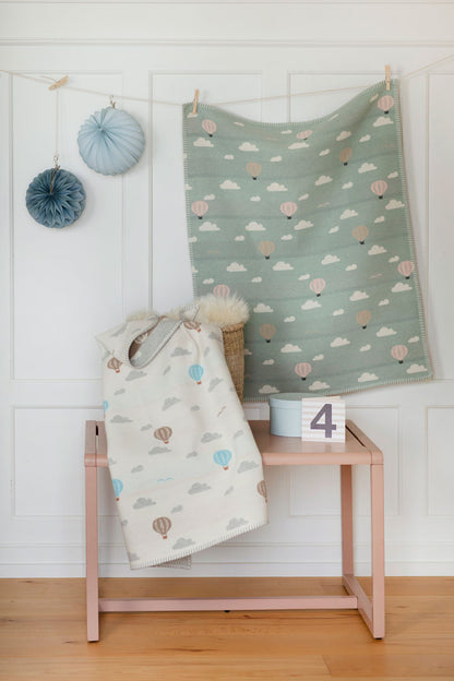 LENA baby blanket organic "hot air balloons" in . Blanket made by David Fussenegger , a family-run mill in Austria.