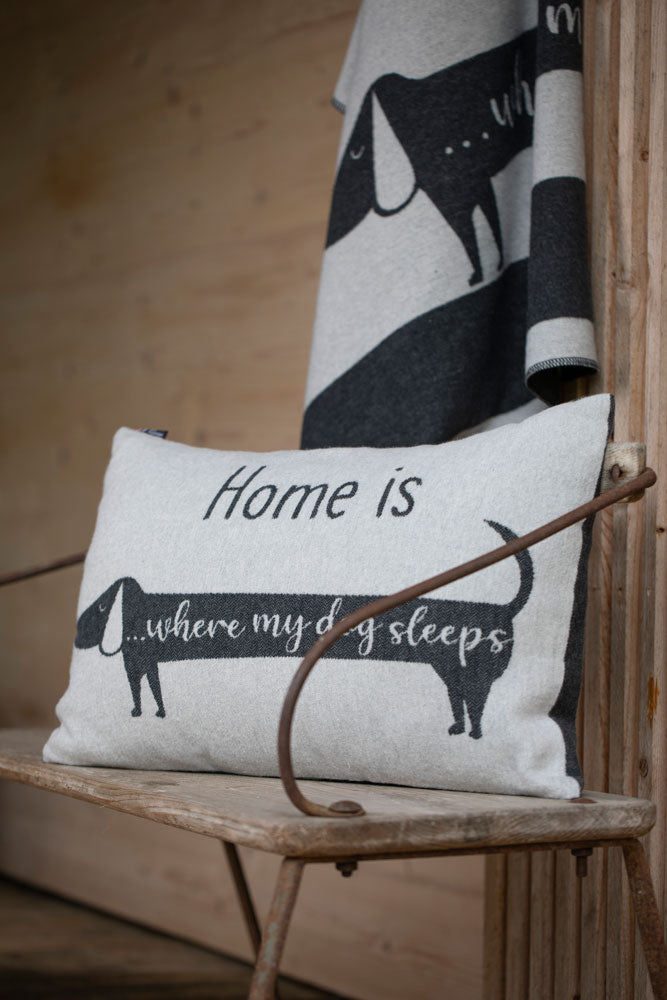 PET cushion cover "Home Is Where My Dog Sleeps" in . Pet Cushion Cover made by David Fussenegger , a family-run mill in Austria.
