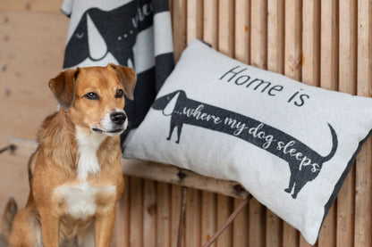 PET cushion cover "Home Is Where My Dog Sleeps" in . Pet Cushion Cover made by David Fussenegger , a family-run mill in Austria.