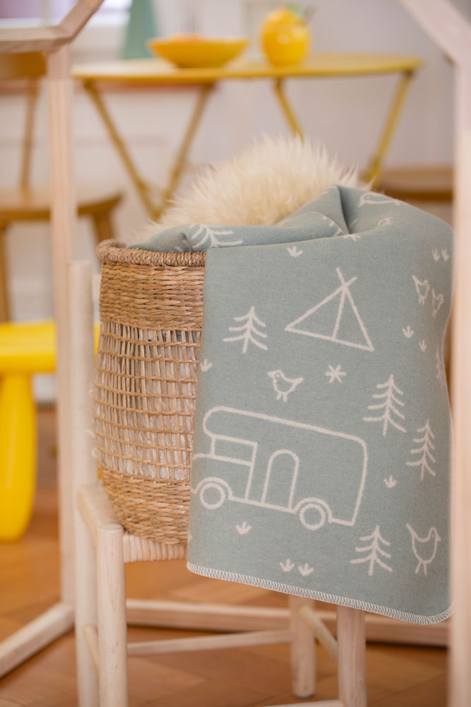 JUWEL baby blanket "camping" in . Blanket made by David Fussenegger , a family-run mill in Austria.