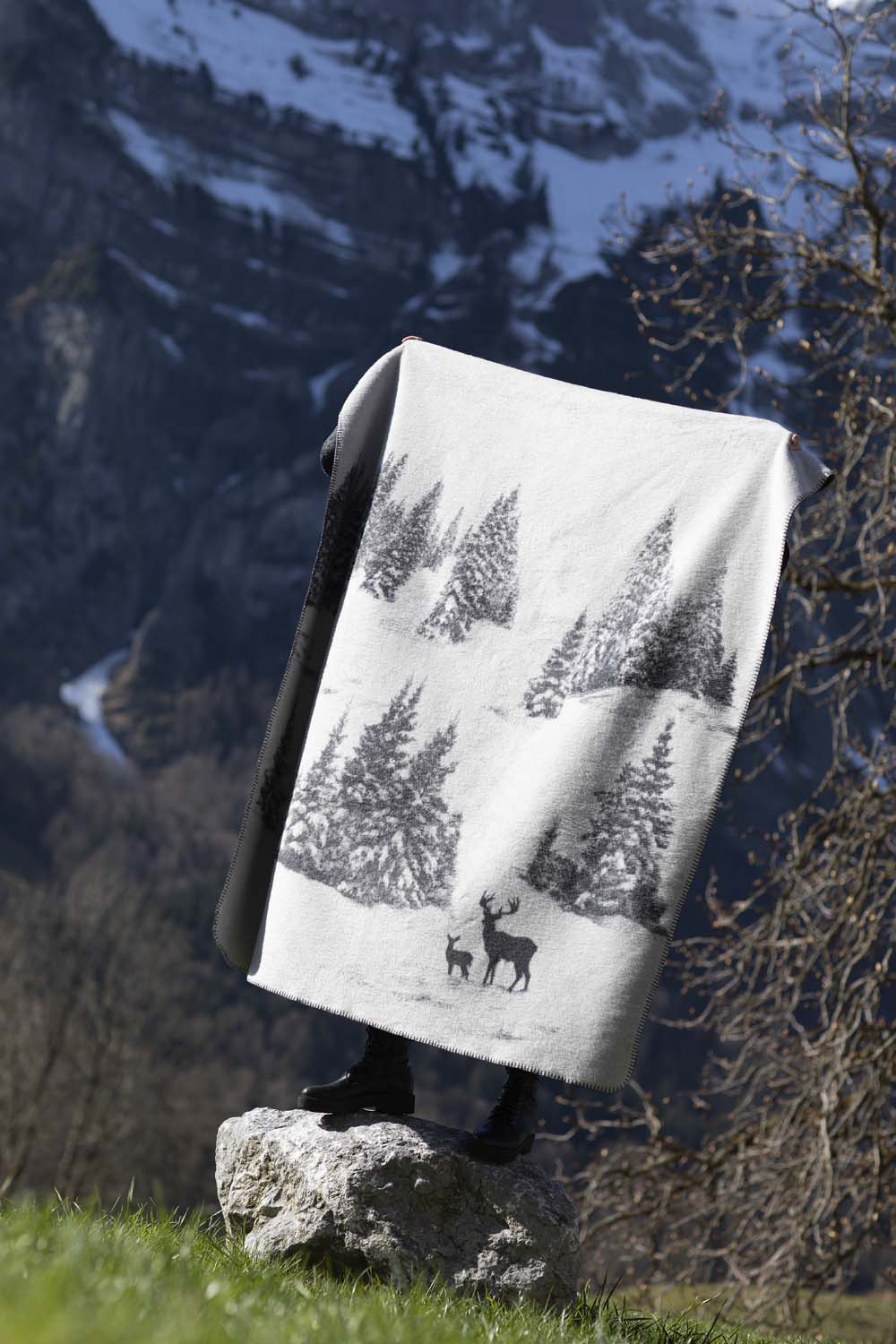 SAVONA throw "snowy trees/stag" in . Throw Blanket made by David Fussenegger , a family-run mill in Austria.