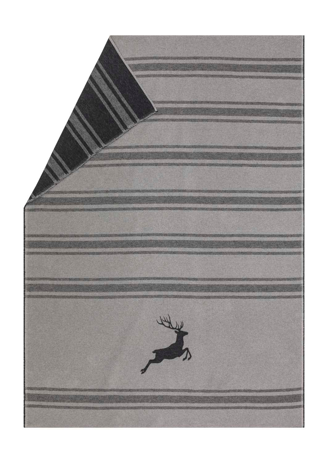LUCA throw flannel "jumping stag / stripes" in dark grey . Throw Blanket made by David Fussenegger , a family-run mill in Austria.