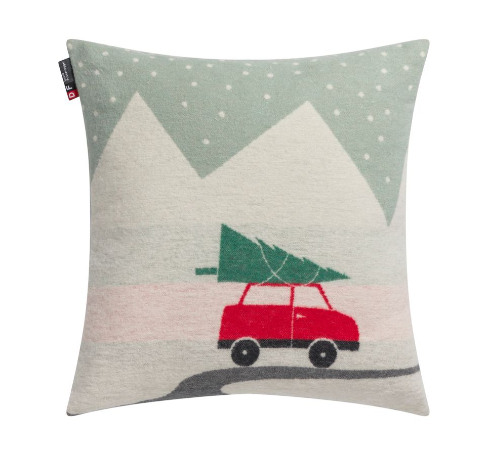 SILVRETTA Cushion Cover "Christmas Car" in light green cream . Cushion Cover made by David Fussenegger , a family-run mill in Austria.