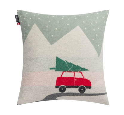 SILVRETTA Cushion Cover "Christmas Car" in light green cream . Cushion Cover made by David Fussenegger , a family-run mill in Austria.