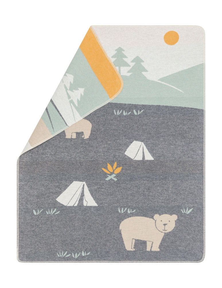 JUWEL baby blanket "camping bears" in grey . Blanket made by David Fussenegger , a family-run mill in Austria.