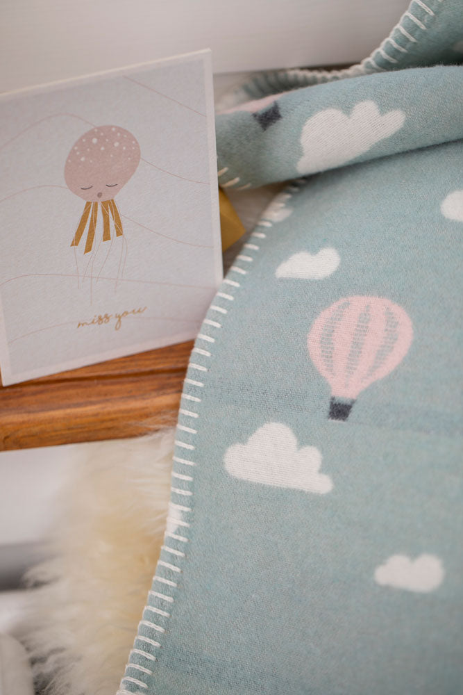 LENA baby blanket organic "hot air balloons" in . Blanket made by David Fussenegger , a family-run mill in Austria.
