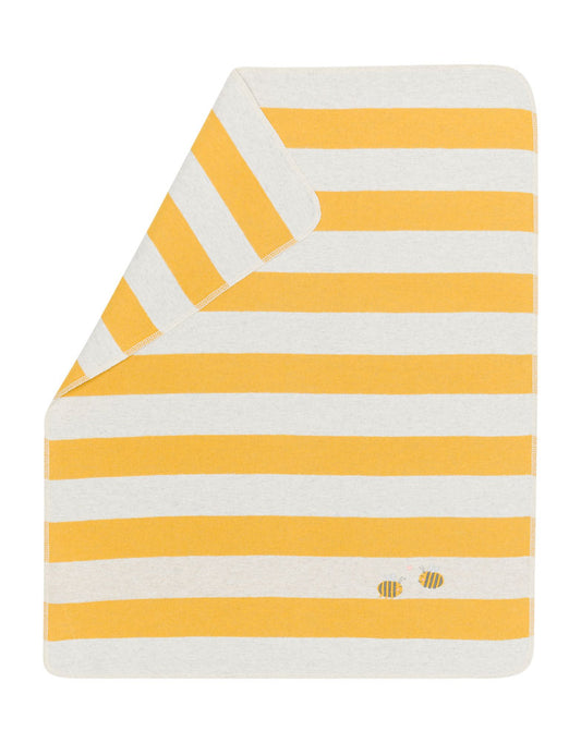 JUWEL baby blanket "stripes with bees" with embroidery in yellow gry . Blanket made by David Fussenegger , a family-run mill in Austria.
