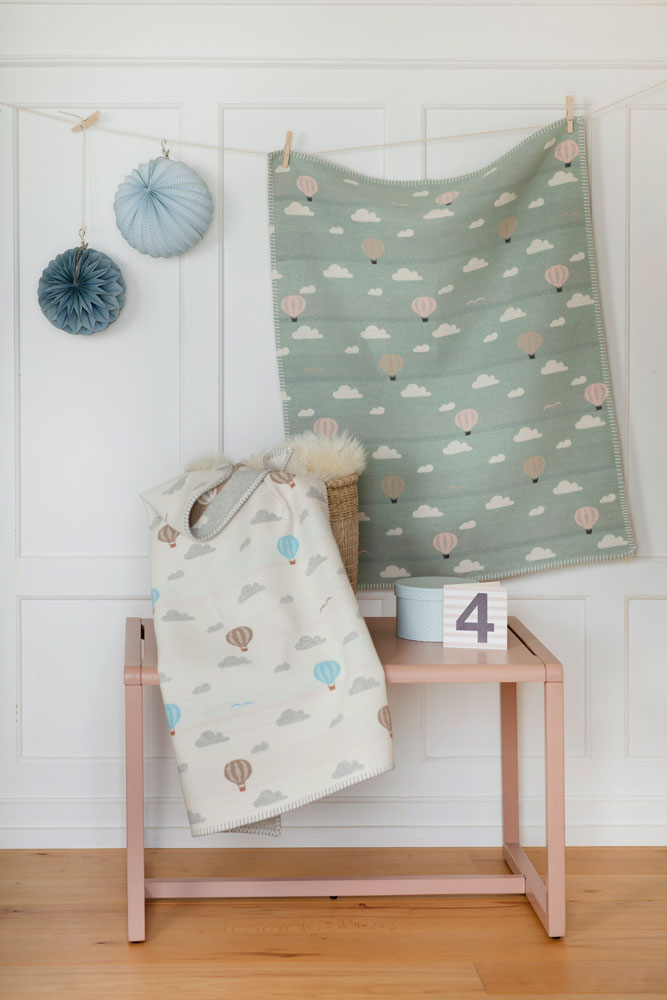 LENA baby blanket organic "hot air balloons" in . Blanket made by David Fussenegger , a family-run mill in Austria.