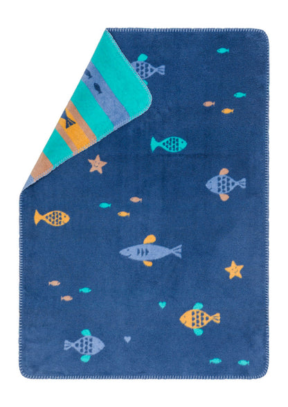 MILA baby blanket "school of fish" in blue . Blanket made by David Fussenegger , a family-run mill in Austria.