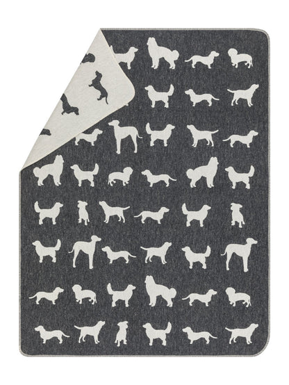 PET blanket "dog silhouettes allover" in charcoal . Pet Blanket made by David Fussenegger , a family-run mill in Austria.