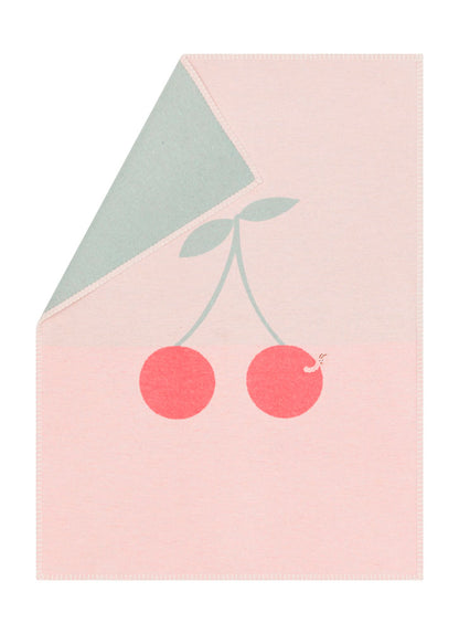 LILI baby blanket "cherries with worm" with embroidery in rosé . Blanket made by David Fussenegger , a family-run mill in Austria.