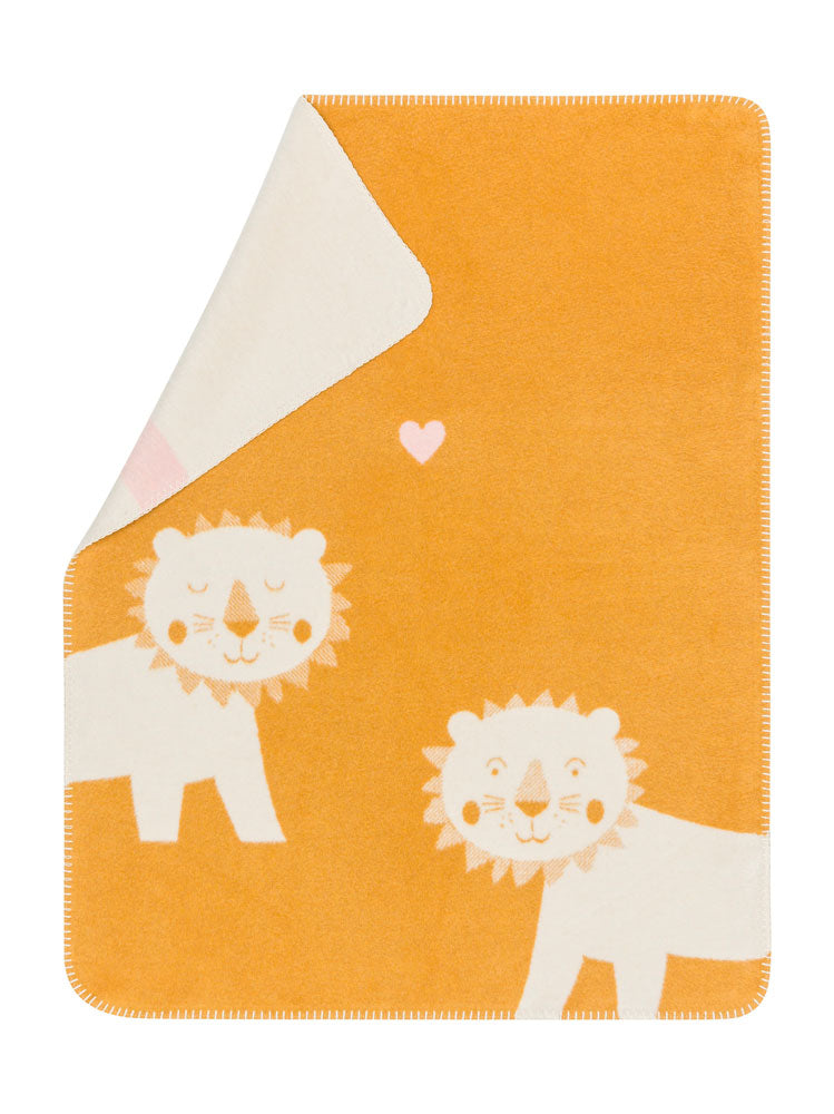 MILA baby blanket "lions in love" in gold . Blanket made by David Fussenegger , a family-run mill in Austria.