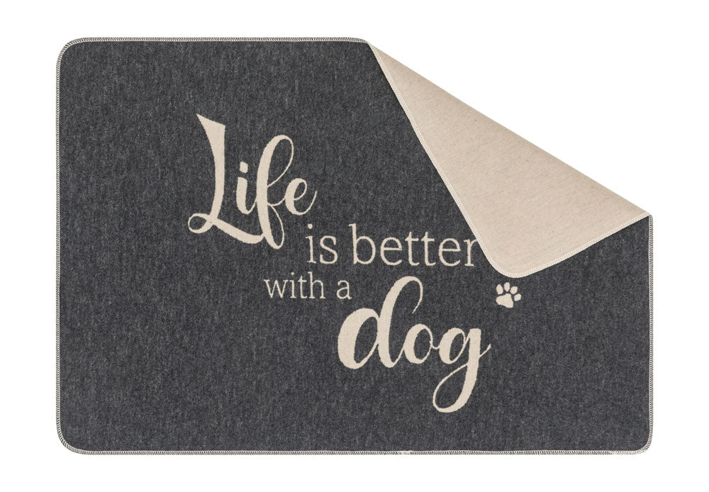 PET blanket "life is better with a dog" small in charcoal . Pet Blanket made by David Fussenegger , a family-run mill in Austria.