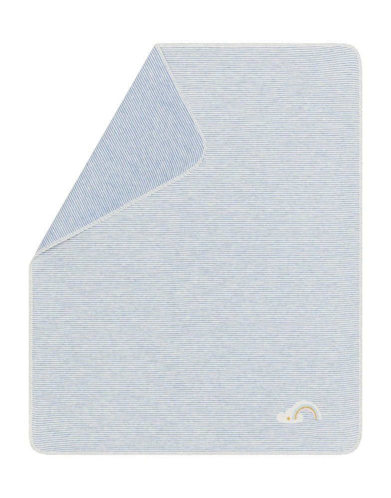 JUWEL baby blanket "stripes/rainbow" with embroidery in blue . Blanket made by David Fussenegger , a family-run mill in Austria.