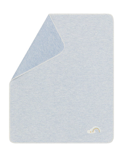 JUWEL baby blanket "stripes/rainbow" with embroidery in blue . Blanket made by David Fussenegger , a family-run mill in Austria.