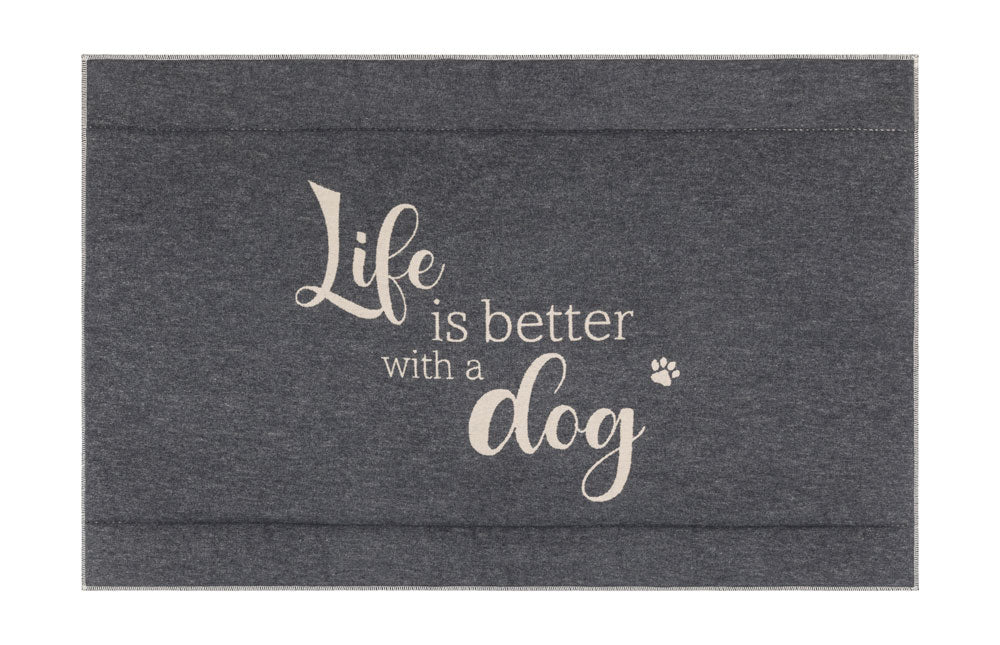 PET padded dog mat "Life is Better with a Dog" in charcoal . Dog Mat made by David Fussenegger , a family-run mill in Austria.