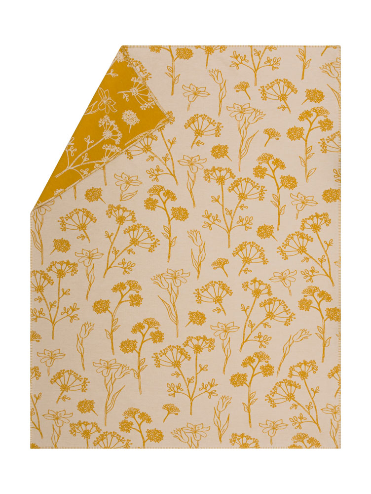 JADE throw "florals" organic cotton in mustard . Throw Blanket made by David Fussenegger , a family-run mill in Austria.
