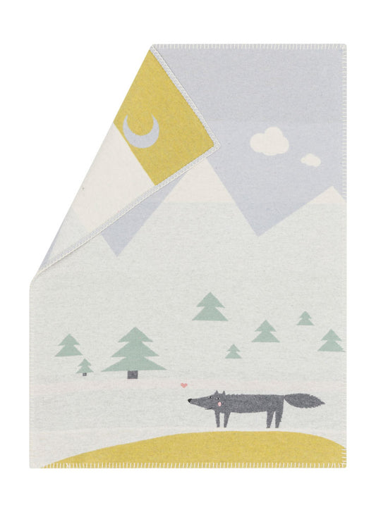 LILI baby blanket "wolf" with embroidery in light blue . Blanket made by David Fussenegger , a family-run mill in Austria.