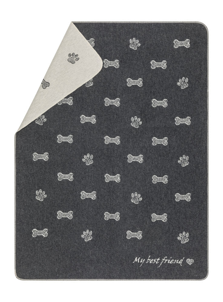 PET blanket "my best friend" bones allover large in charcoal . Pet Blanket made by David Fussenegger , a family-run mill in Austria.