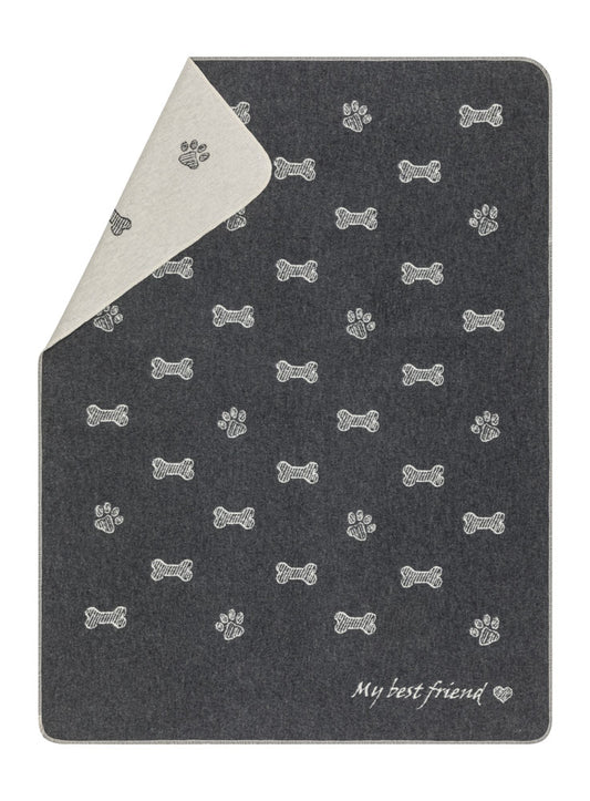 PET blanket "my best friend" bones allover large in charcoal . Pet Blanket made by David Fussenegger , a family-run mill in Austria.