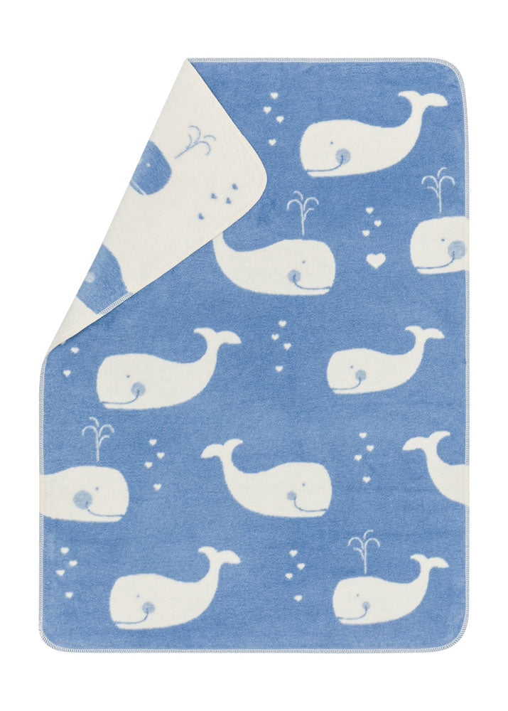 MAJA baby blanket organic "whales allover" in blue . Blanket made by David Fussenegger , a family-run mill in Austria.