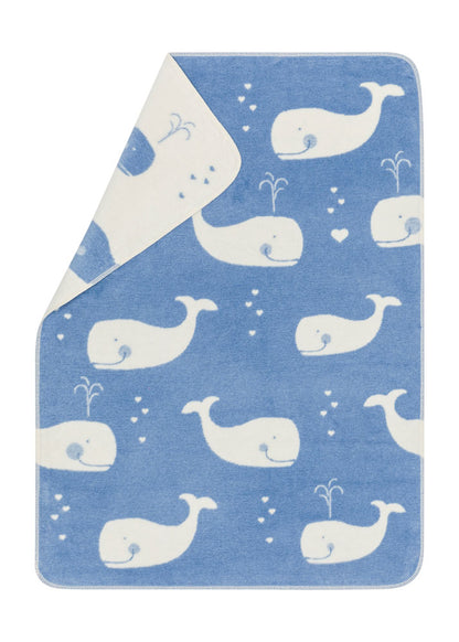 MAJA baby blanket organic "whales allover" in blue . Blanket made by David Fussenegger , a family-run mill in Austria.