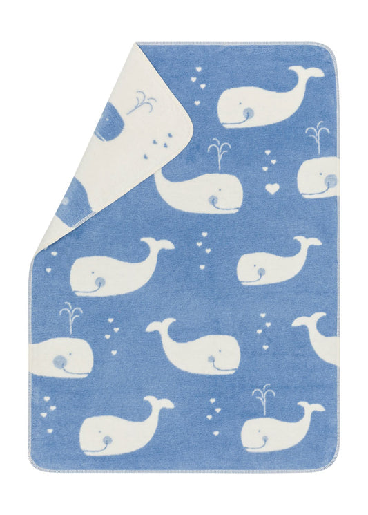 MAJA baby blanket organic "whales allover" in blue . Blanket made by David Fussenegger , a family-run mill in Austria.