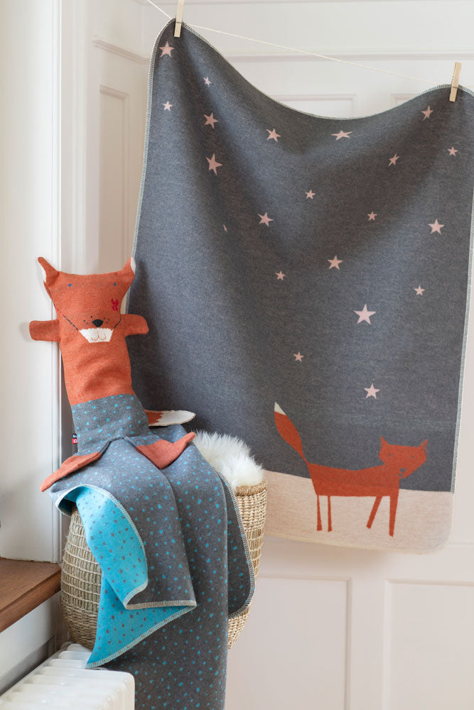 JUWEL baby blanket "fox under starry skies" in . Blanket made by David Fussenegger , a family-run mill in Austria.